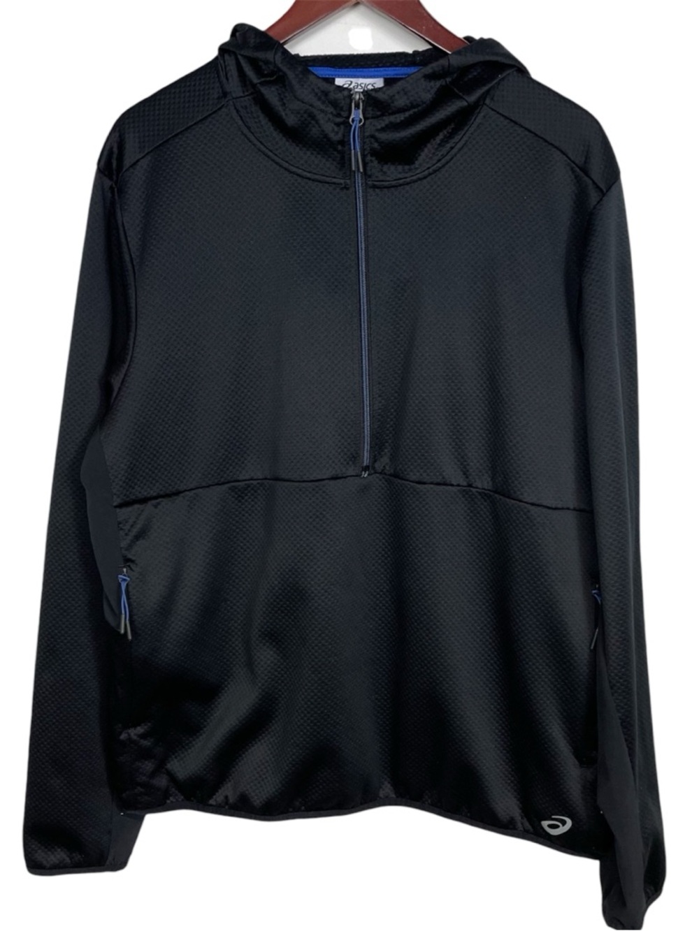 Asics Men's Black and Blue Half Zip Pullover Hoodie Size XL